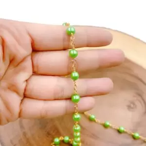 Green Shell Pearl Beaded Chain, Wholesale Bulk Roll Beaded Chain in 18K Gold Filled for Necklace Bracelet Jewelry Making, CH201