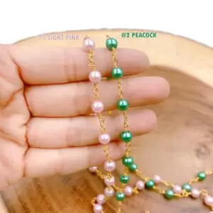 Shell Pearl Beaded Chain, Pink/Peacock Wholesale Bulk Roll Beaded Chain in 18K Gold Necklace Bracelet Jewelry Making, CH202