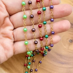Gold Filled 4mm Color Pearl Chain by the Foot, Station Beaded Chain for Necklace Bracelet Jewelry Making Supplies, CH204