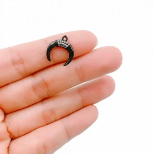 Black Crescent Moon Horn Pendant, Pave CZ Crescent Charm, Gothic Moon Pendant, Celestial Jewelry Charm for Necklace, Gift for Her, CP043A