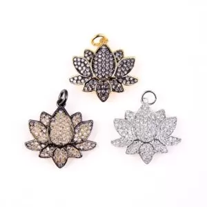 Black & Gold 2 Tone LOTUS Pendant, 24K Gold CZ Micro Pave Lotus Pendant, Pave Lotus Flower Charm, 21x24mm CP089