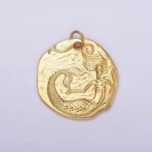 Gold Filled Ocean Mermaid Textured Round Coin Charm in Gold, CP1921