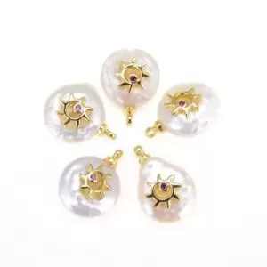 18k Gold Filled Pearl Charms, White Round Pearls, Micro Pave Sun Charm Pearl Drop Bracelet Pearl Beads, Gold Filled Findings 17x11mm, CP610