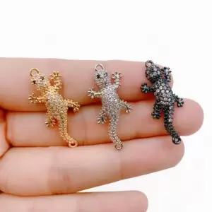 Dainty Micro Pave Gecko Connector, Cubic Lizard Charm Gold Filled Reptile Charm Animal Charm for Necklace, Earring Component, 31x14mm, CN359