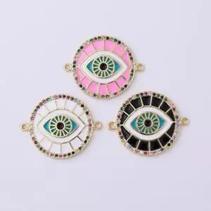 Pink Enamel Evil Eye Connector, 18K Gold Filled Micro Pave CZ Charm, Spiritual Protection Amulet Necklace Pendant for Jewelry Making, CN385