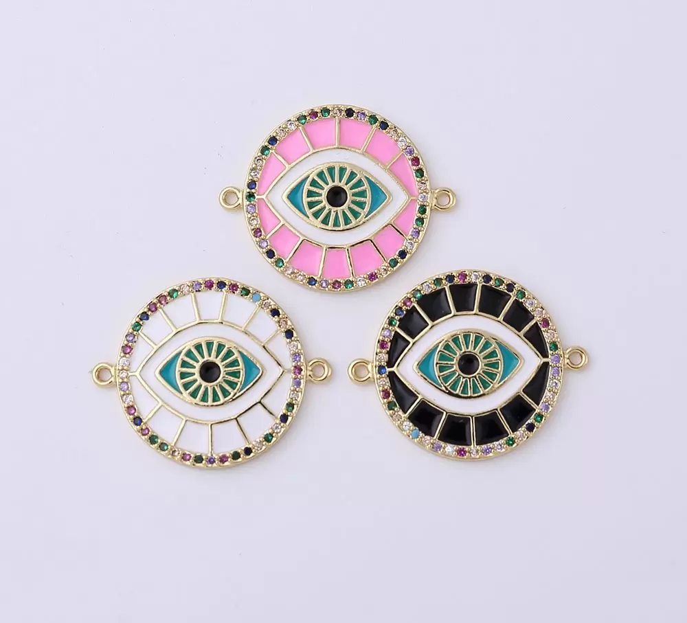 Pink Enamel Evil Eye Connector, 18K Gold Filled Micro Pave CZ Charm, Spiritual Protection Amulet Necklace Pendant for Jewelry Making, CN385