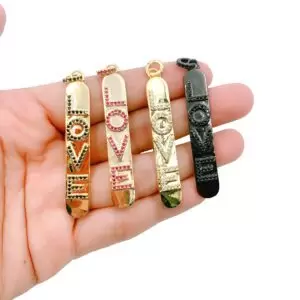 18K Gold Love Tag Charm Pendant, CZ Micro Pave Tag Pendant, Love Word Charm Rectangle for Necklace Earring Component, 58x9mm, CP685
