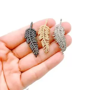 14K Gold FEATHER/ Leaf connector charm, CZ Micro Pave Feather Link Connector Charms, Feather Jewelry, 45x15mm| CN146