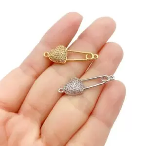 Heart Safety Pin Connector Charm, 22K Gold CZ Micro Pave Connector, Safety Pin Connector, Heart Connector, 28x9mm, CN278