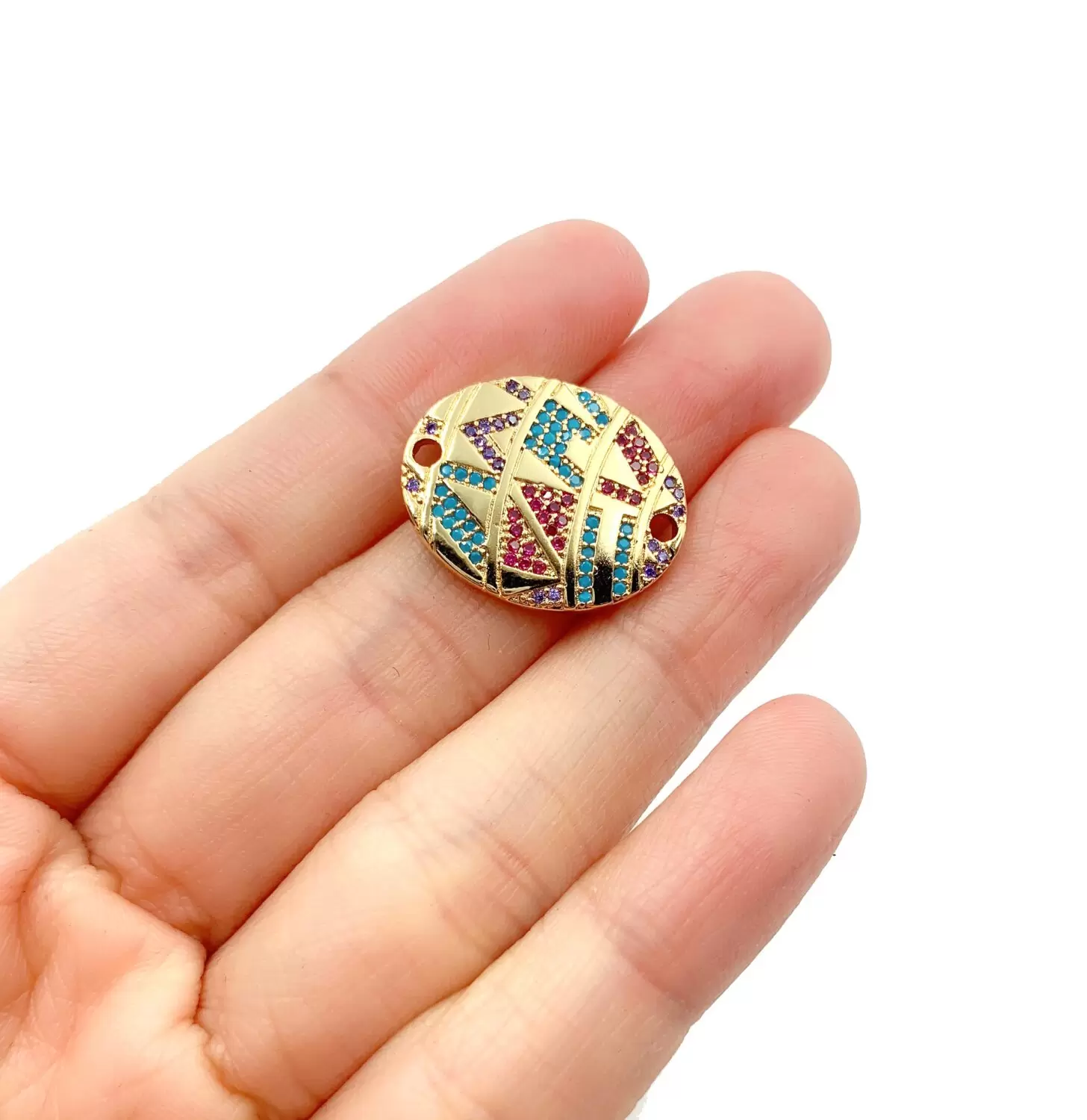 18K Gold Rainbow CZ Oval Connector Charm, CZ Micro Pave Charm, Egg Shape Connector, Gold Oval Shape Connector, 23x18mm, CN285