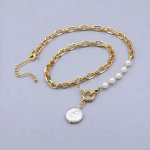 Gold Filled Paperclip Chain Necklace, MOP Shell Pearl Pendant Toggle Necklace Dainty Minimalist Layering Jewelry Gift for Women, NL003