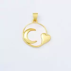 Gold Filled Sea Mist White Pearl Moon Heart Round Disc Coin Charm, Crescent Moon Heart Pendant for Minimalist Jewelry Design, CP1957