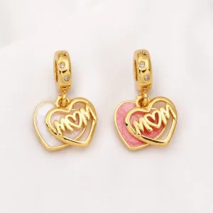 Pink White Enamel Heart Mom Charm, Gold Filled Heart Pendant, Gift for Her, Mother's Day Gift, Mom Pendant for Bracelet Necklace Component, CP2135