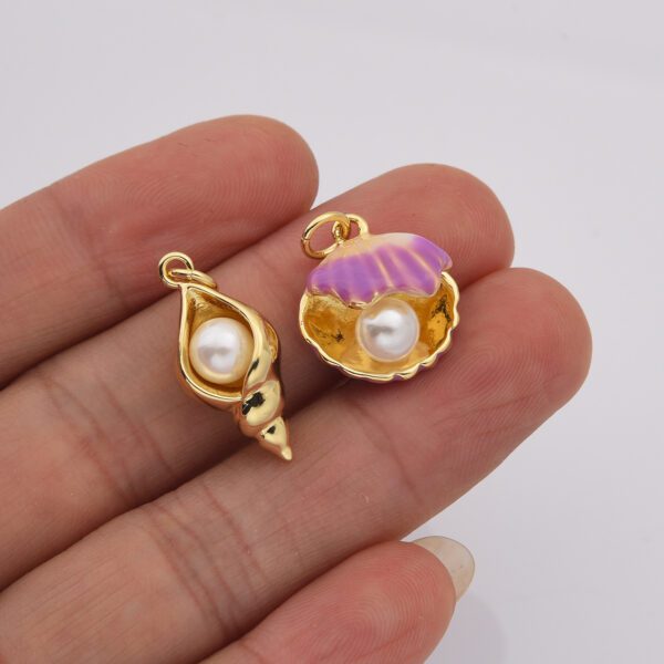 Open Clam Pearl Shell Charm, Gold Filled Sea shell Conch Pearl Pendant, Ocean Snail Shell Charm, DIY Fashion Jewelry, CP2195 - Image 2