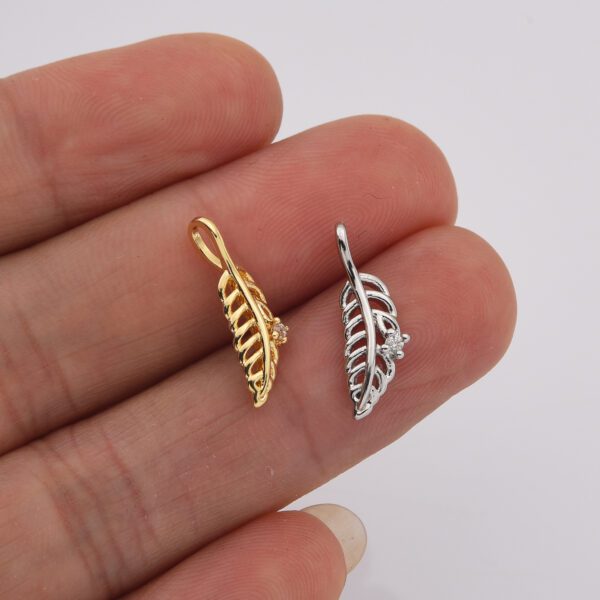 Gold Feather Charm Pendant, CZ Micro Pave Feather/Leaf charms, 17X6MM I CP386 - Image 3