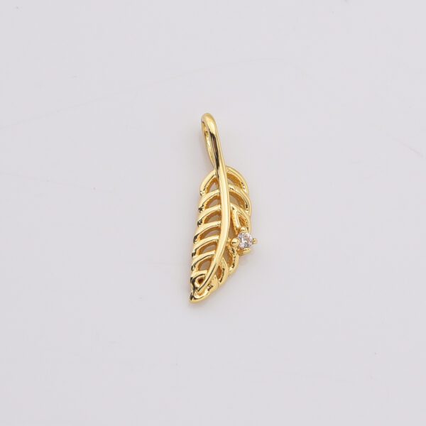 Gold Feather Charm Pendant, CZ Micro Pave Feather/Leaf charms, 17X6MM I CP386 - Image 4