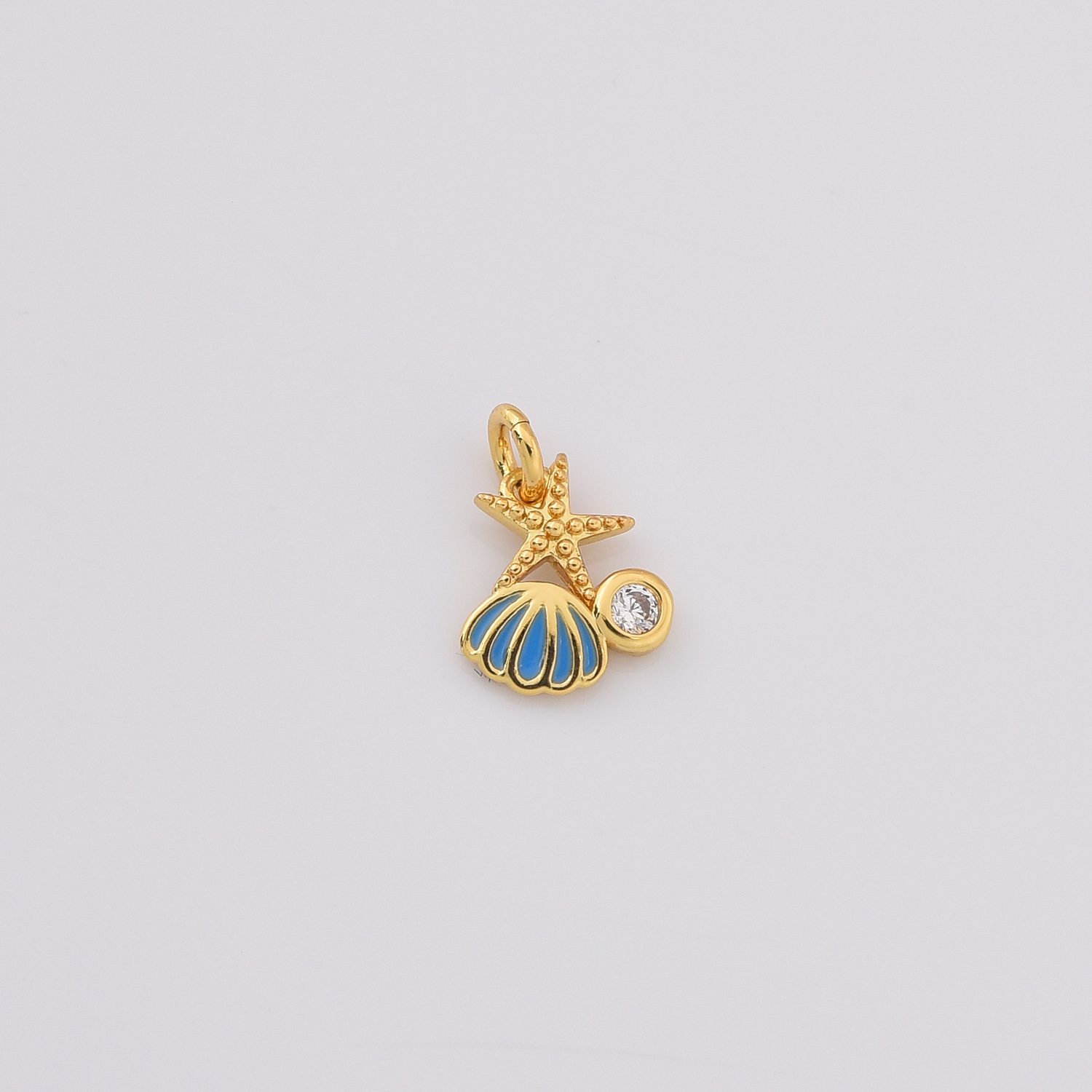 Gold Filled Starfish and Shell Charm, Dainty Ocean Beach Pendant with CZ Accent and Blue Enamel, Summer DIY Jewelry Making Supply, CP2231