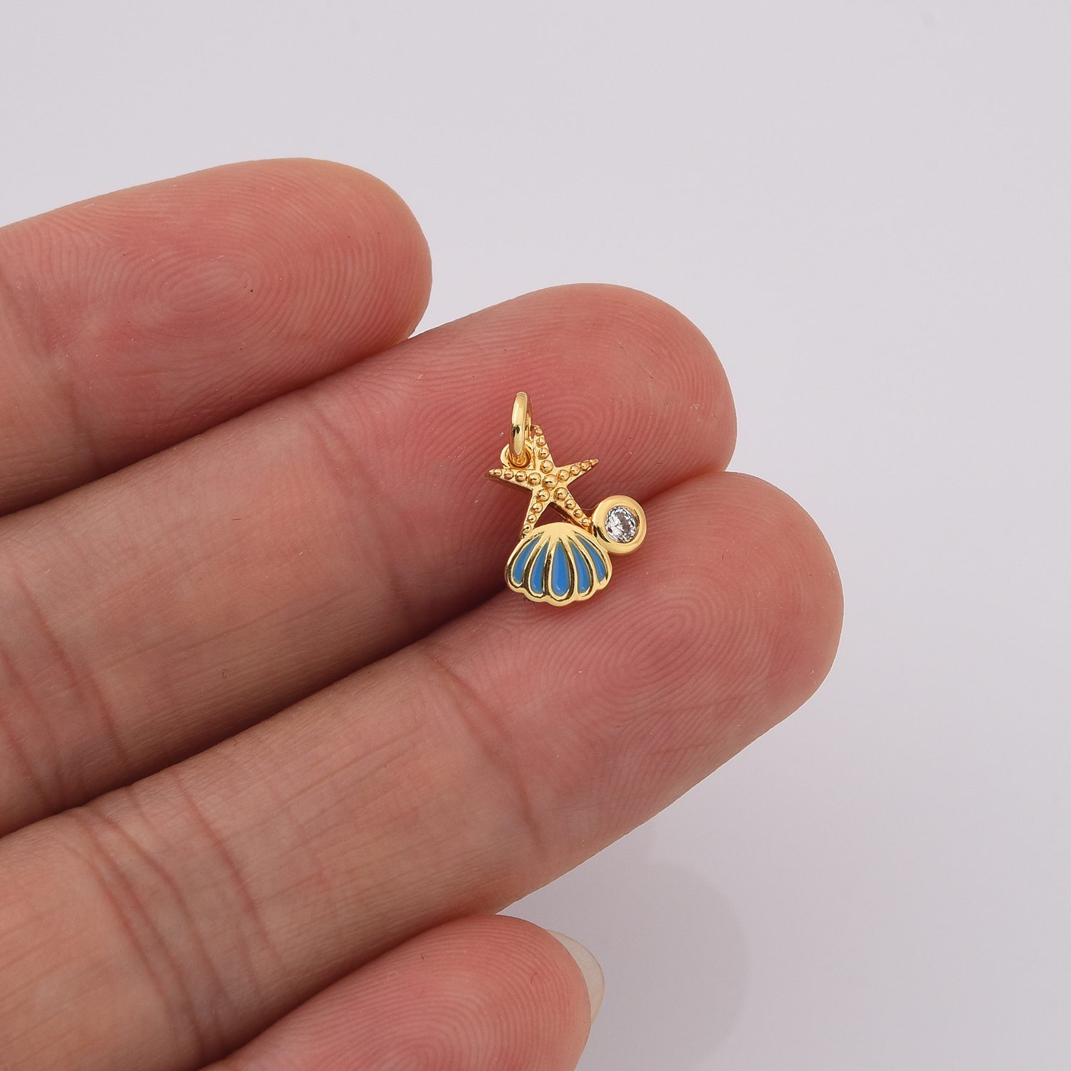 Gold Filled Starfish and Shell Charm, Dainty Ocean Beach Pendant with CZ Accent and Blue Enamel, Summer DIY Jewelry Making Supply, CP2231 - Image 2