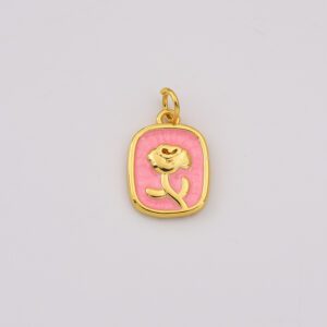 Pink Enamel Rose Charm, Gold Filled Floral Tag Pendant for DIY Necklace Bracelet Jewelry Making, Dainty Flower Jewelry Supply, CP2244