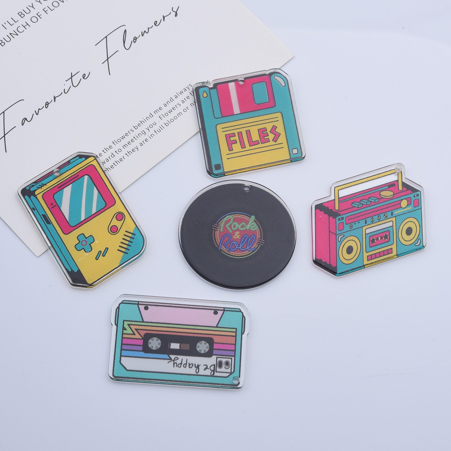 Retro Tech Charm Set, 80s & 90s Acrylic Keychain Charms Bundle, Boombox, Cassette, Game Console, Vinyl Record, Floppy Disk, CP_Batch100 - Image 2