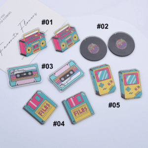 Retro Tech Charm Set, 80s & 90s Acrylic Keychain Charms Bundle, Boombox, Cassette, Game Console, Vinyl Record, Floppy Disk, CP_Batch100