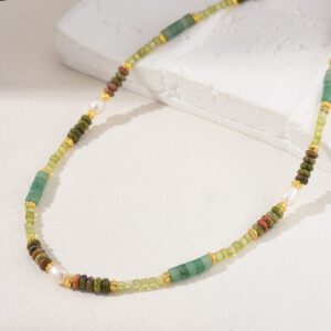 Natural Freshwater Pearl Necklace, Emerald Prehnite Peridot Gemstone Beaded Necklace in Gold Filled, Handcrafted Necklace, NL020