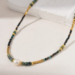 African Turquoise Stone Beaded Necklace, Freshwater Pearl Gemstone Bead Necklace in Gold Filled, Handcrafted Necklace, Gift for Her, NL032