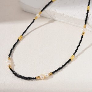 Black Spinel Stone Beaded Necklace, Freshwater Pearl Gemstone Bead Necklace in Gold Filled, Handcrafted Necklace, Gift for Her, NL035