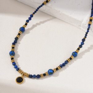 Lapis Lazuli Stone Beaded with Black Onyx Charm Necklace, Gemstone Bead Necklace in Gold Filled, Handcrafted Necklace, Gift for Her, NL037