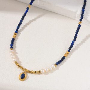 Lapis Lazuli Stone Beaded Necklace, White Pearl Gemstone Bead Necklace in Gold Filled, Handcrafted Necklace, Gift for Her, NL039
