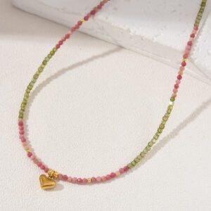 Rhodochrosite Beaded Necklace, Heart Charm Necklace in Gold Filled, Adjustable Beaded Necklace, Handcrafted Necklace, Gift for Her, NL040