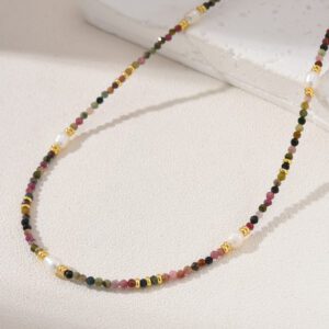 Colorful Tourmaline Pearl Beaded Necklace, Gemstone Bead Necklace in Gold Filled, Adjustable Beaded Necklace, Handcrafted Necklace, NL042