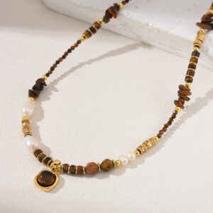 Tiger Eye Stone Pearl Beaded Necklace, Gemstone Bead Necklace in Gold Filled, Adjustable Beaded Choker Necklace, Handcrafted Necklace, NL045