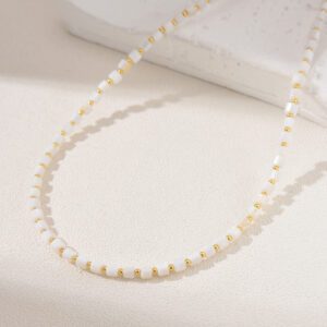 Mother of Pearl Seed Bead Necklace, White Pearl Beaded Necklace in Gold Filled, Adjustable Heart Beaded Necklace, Handcrafted Necklace NL046