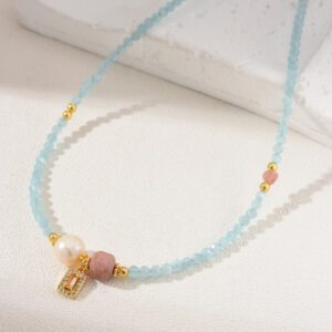 Aquamarine Pear Rhodochrosite Stone Beaded Necklace, Gemstone Bead Necklace in Gold Filled, Adjustable Necklace, Handcrafted Necklace, NL051