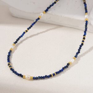 Lapis Lazuli Pearl Beaded Necklace, Gemstone Bead Necklace in Gold Filled, Adjustable Beaded Necklace, Handcrafted Necklace, NL057