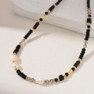 Black Onyx Pearl Beaded Necklace, Gemstone Bead Necklace in Gold Filled, Adjustable Beaded Necklace, Handcrafted Necklace, NL062