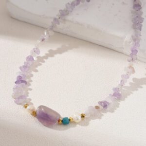 Amethyst Apatite Beaded Necklace, Gemstone Bead Necklace in Gold Filled, Adjustable Beaded Necklace, Handcrafted Necklace, NL065