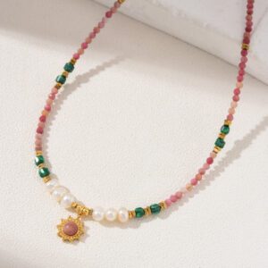 Rhodochrosite Malachite Beaded Necklace, Gemstone Bead Necklace in Gold Filled, Adjustable Beaded Necklace, Handcrafted Necklace, NL068