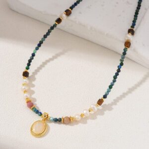 Azurite Shell Pearl Pendant Beaded Necklace, Gemstone Bead Necklace in Gold Filled, Adjustable Beaded Necklace, Handcrafted Necklace, NL071