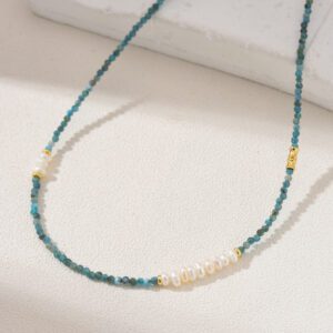 Apatite and Pearl Necklace, Dainty Blue Gemstone Choker in Gold Filled, Freshwater Pearl Beaded Jewelry, Minimalist Elegant Necklace, NL081