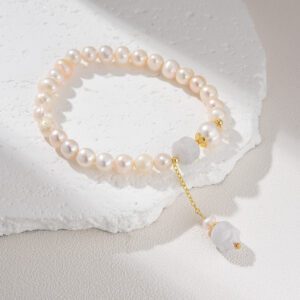 Gold Filled Freshwater Pearl Bracelet, Adjustable Beaded Bracelet with Gemstone Drop, Elegant Minimalist Jewelry Gift for Women, BR093
