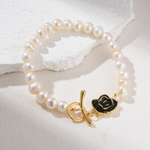 Gold Filled Freshwater Pearl Bracelet, Black Enamel Rose Toggle Clasp Bracelet, Elegant Beaded Jewelry Gift for Women, Minimalist, BR095