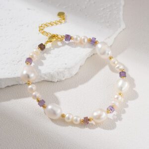 Gold Filled Freshwater Pearl Bracelet, Purple Gemstone Beaded Bracelet for Women, Adjustable Elegant Minimalist Bracelet, Gift for Her BR096