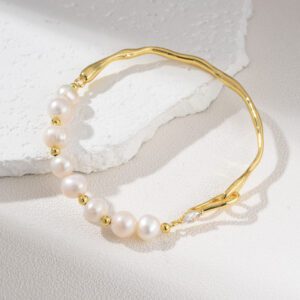 Gold Filled Freshwater Pearl Bangle Bracelet, Twisted Open Cuff Bracelet, Elegant Adjustable Minimalist Jewelry Gift for Women, BR097