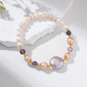 Gold Filled Freshwater Pearl Bracelet, Amethyst Pink Baroque Beaded Bracelet, Elegant Adjustable Minimalist Jewelry Gift for Women, BR101