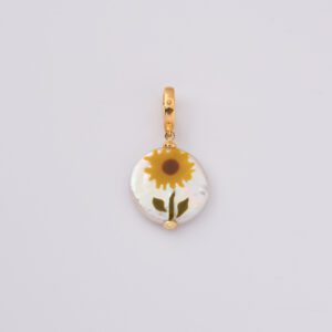 Gold Filled Sunflower Pearl Pendant, Freshwater Coin Pearl Charm with Yellow Flower Design for DIY Necklace Jewelry Making, Gift, CP2241