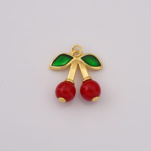 Gold Filled Enamel Cherry Charm, Red Fruit Pendant with Green Leaves for DIY Necklace Bracelet Jewelry Making, Summer Jewelry, CP2248