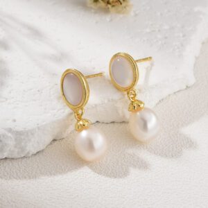 Gold Filled Freshwater Pearl Drop Stud Earrings, Minimalist Oval Stud Dangle Earrings for Women, Classic Bridal Jewelry Gift for Her, ER313