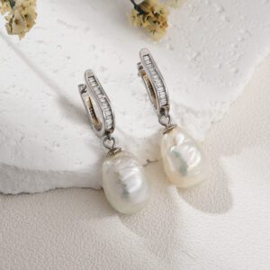 Baroque Freshwater Pearl Drop Earrings, 925 Sterling Silver Baguette Huggie Hoops, Elegant Statement Dangle Jewelry Gift for Women, ER317